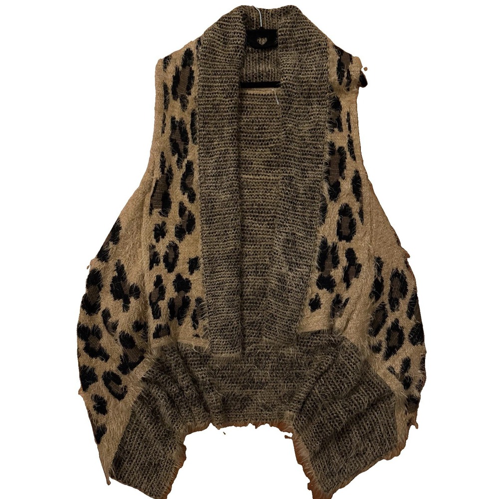Y2K Leopard Print Fuzzy Eyelash Knit Waterfall Cardigan Vest Animal Print